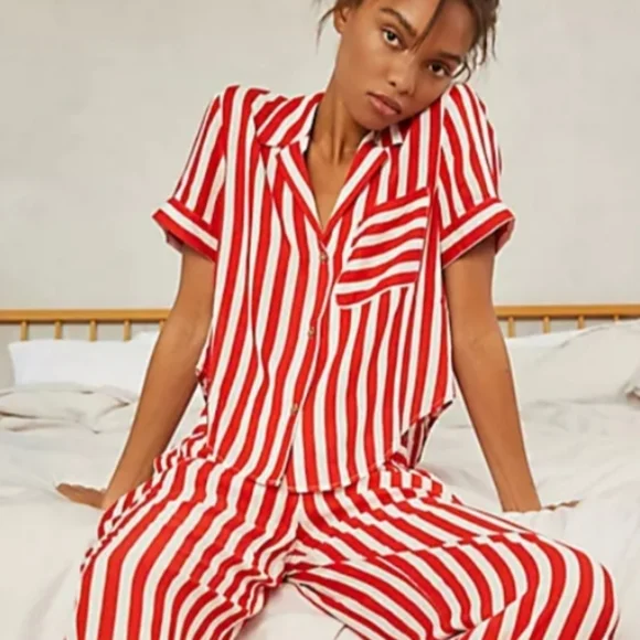 Free People Shiny Nights Pajama Set Wide Legs Red White Pinstripes Siz Small NWT - Picture 7 of 16